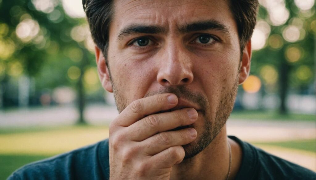 Person covering mouth with hand, worried about bad breath and its causes.