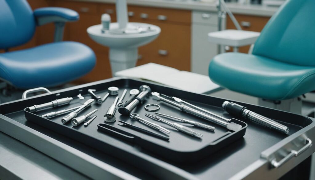 Dentist's tools on a tray with a dental chair in the background, representing emergency dental care.