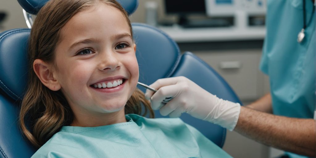 Child at orthodontist's office, smiling in dental chair