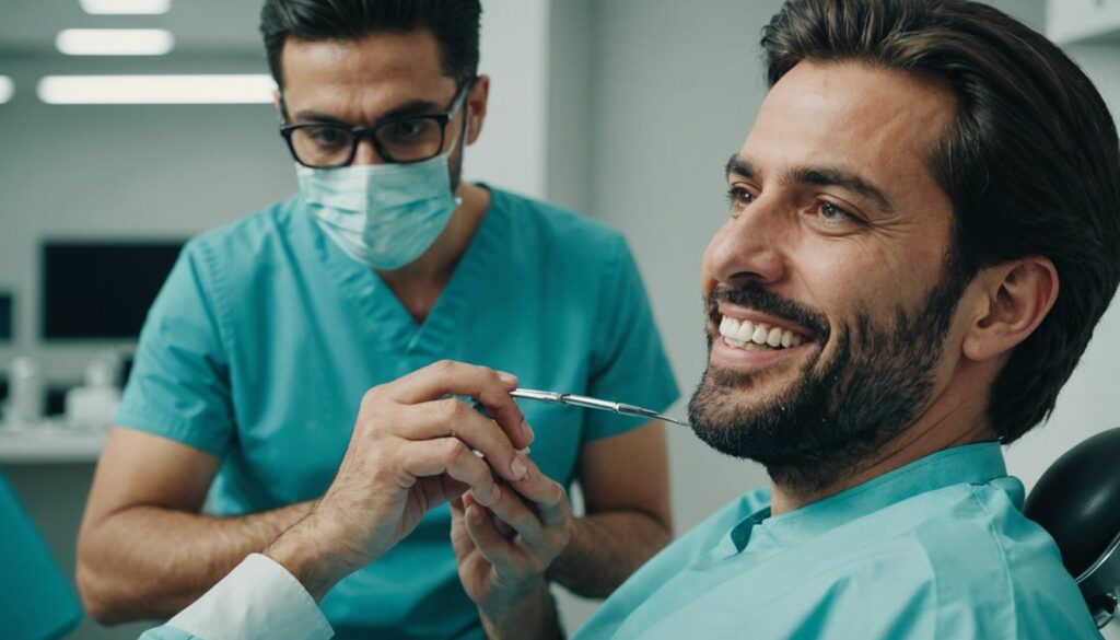 Dentist examining a patient's teeth in a modern clinic, showcasing dental tools and equipment.