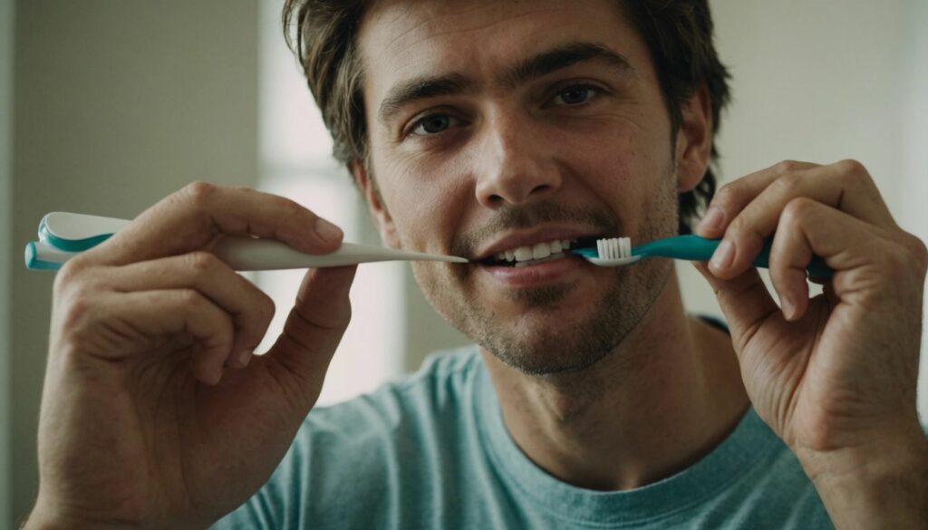 Person brushing teeth in front of a mirror, showing correct brushing technique for adults.
