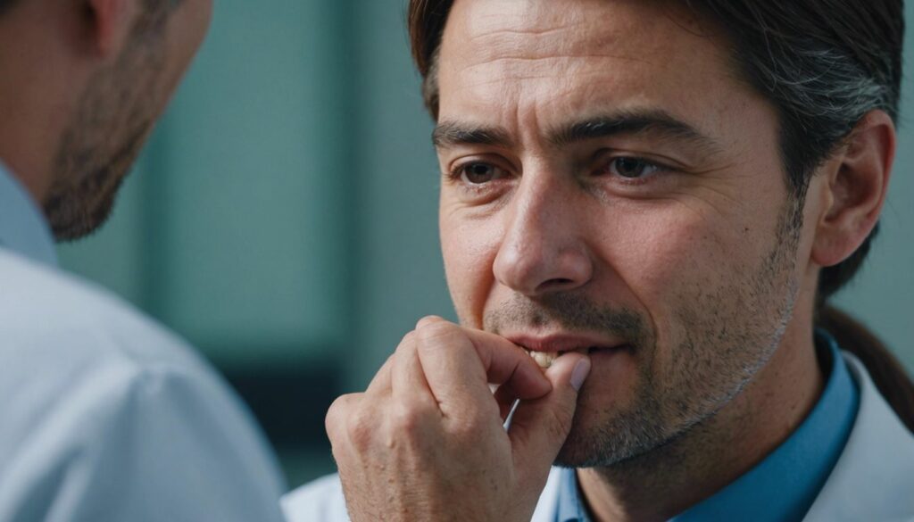 Person holding cheek in pain, indicating toothache, with a dental clinic in the background.